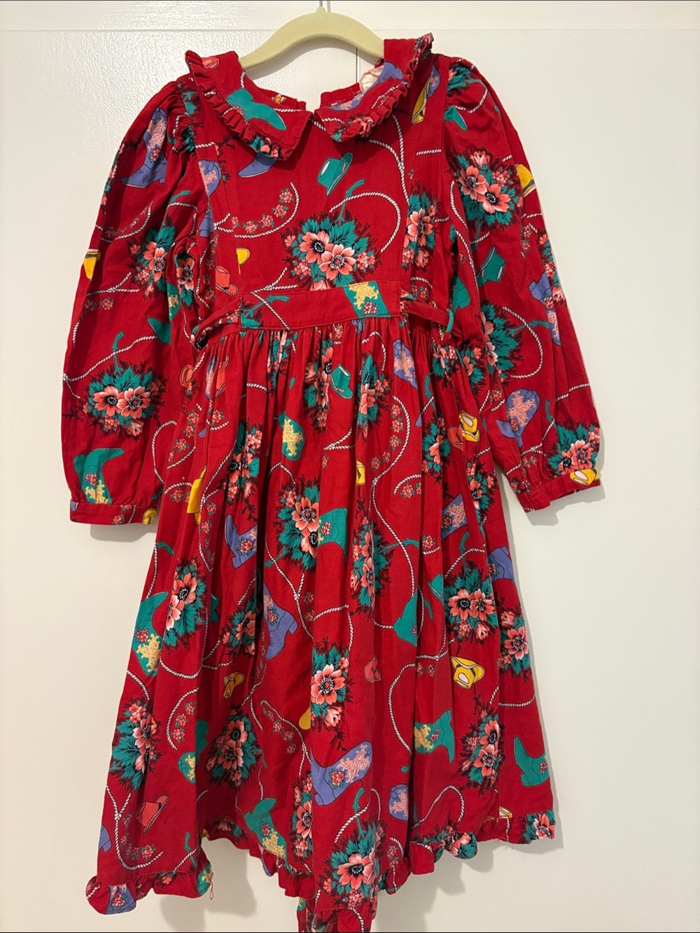 Mousefeathers Vintage Girls' Red Floral Long-Sleeve Ruffled Dress
